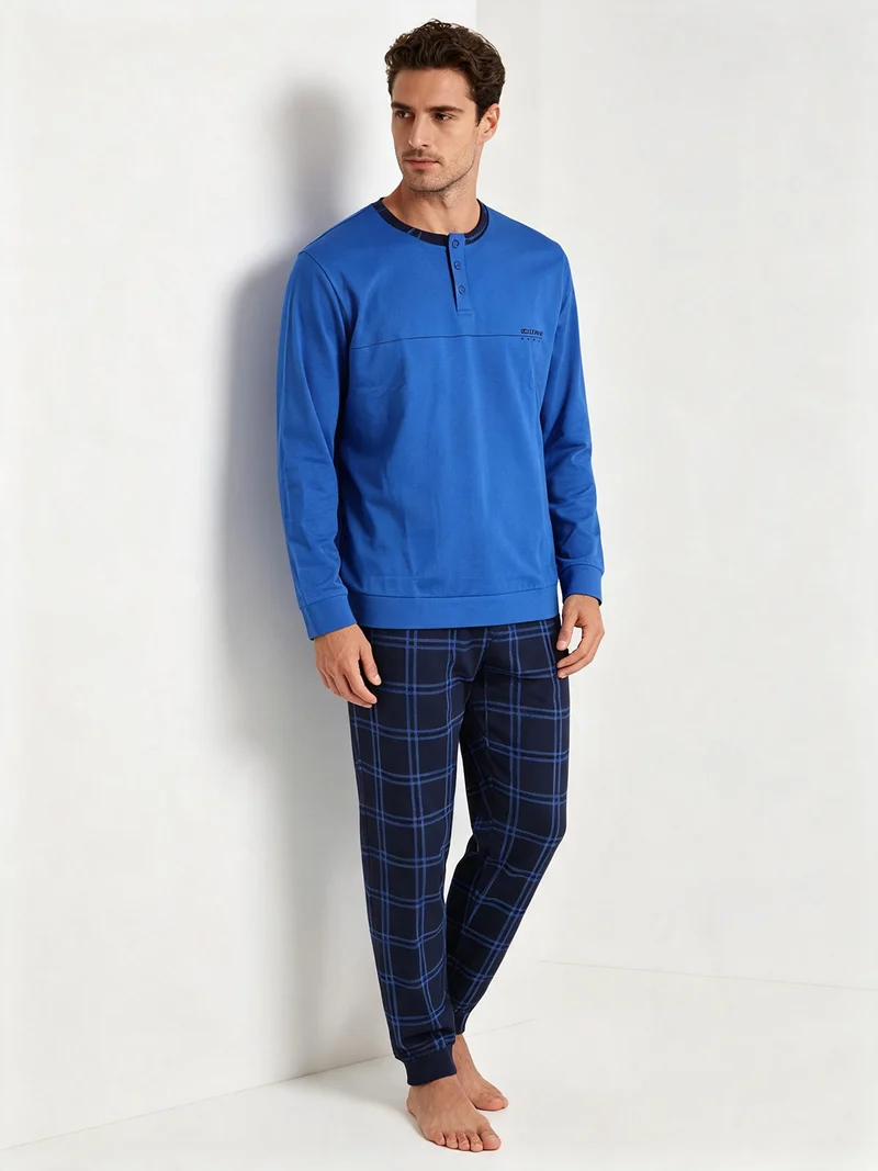 Pigiama lungo da uomo in caldo cotone con pantaloni a quadri - blu