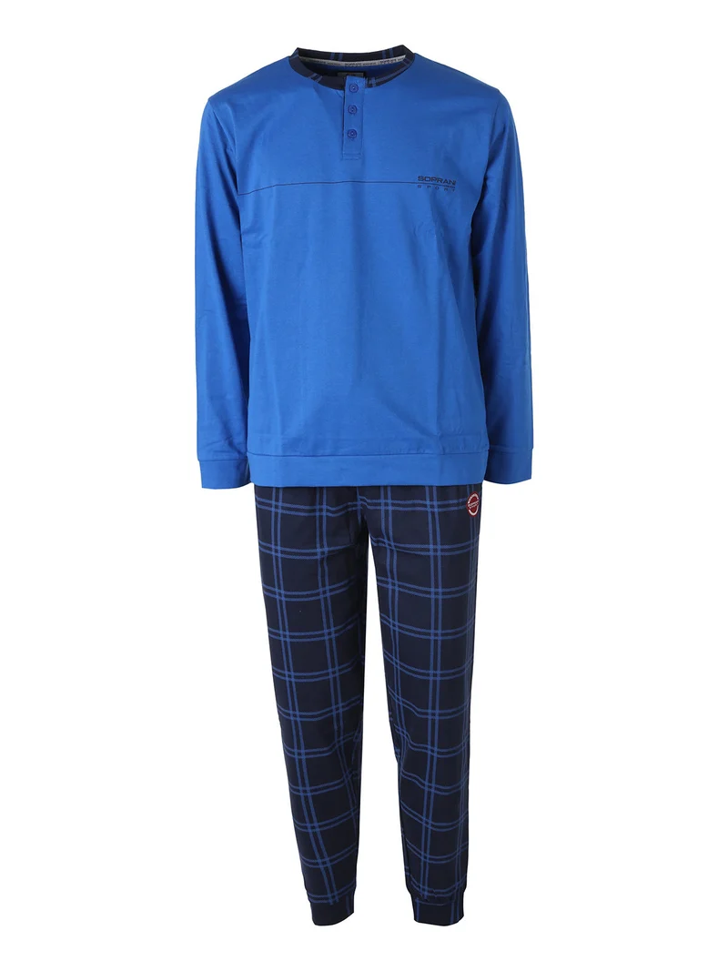 Pigiama lungo da uomo in caldo cotone con pantaloni a quadri - blu