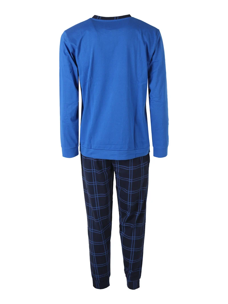 Pigiama lungo da uomo in caldo cotone con pantaloni a quadri - blu