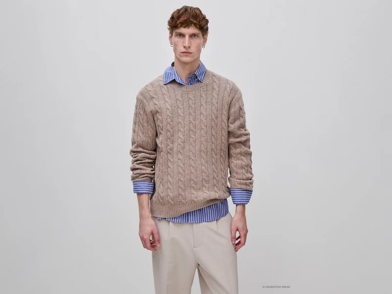 Rundhals-Pullover mit Zopfmuster aus Wolle-Mischgewebe