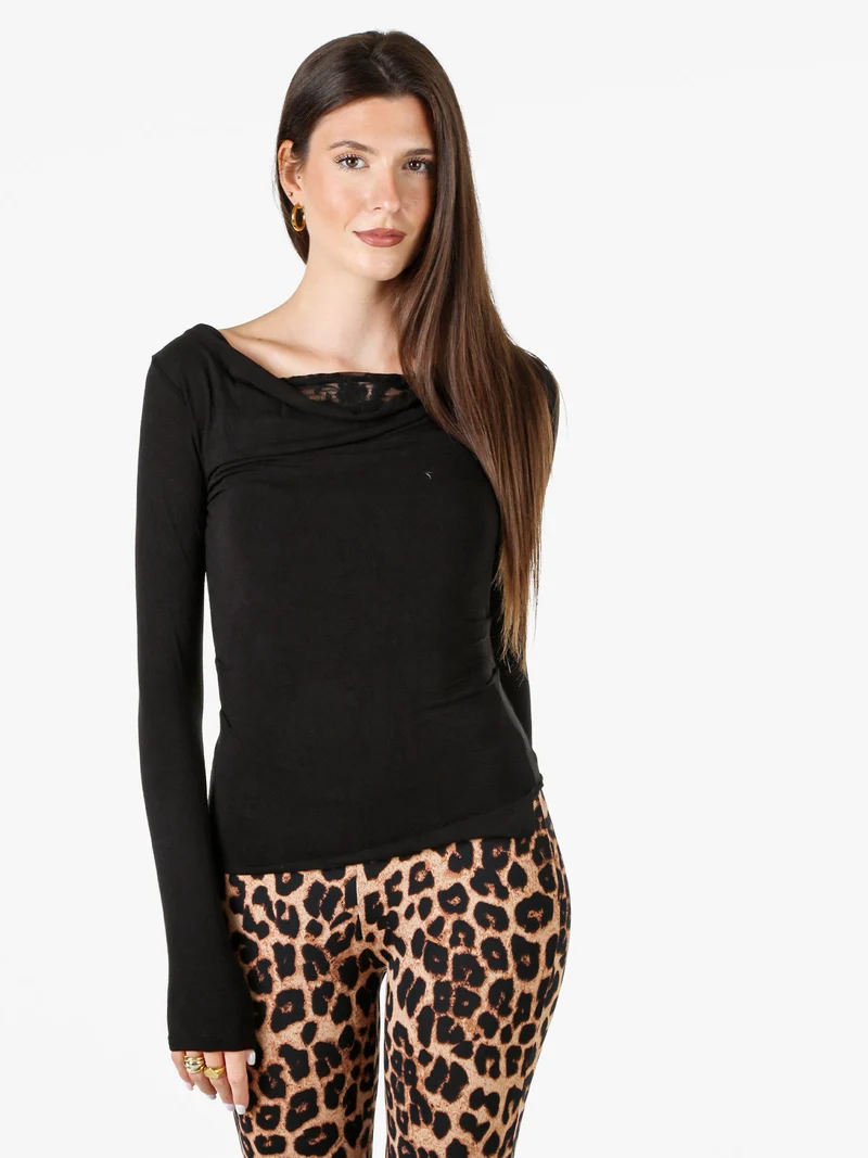 Top donna a maniche lunghe con scollo a cascata e dettaglio in pizzo - nero