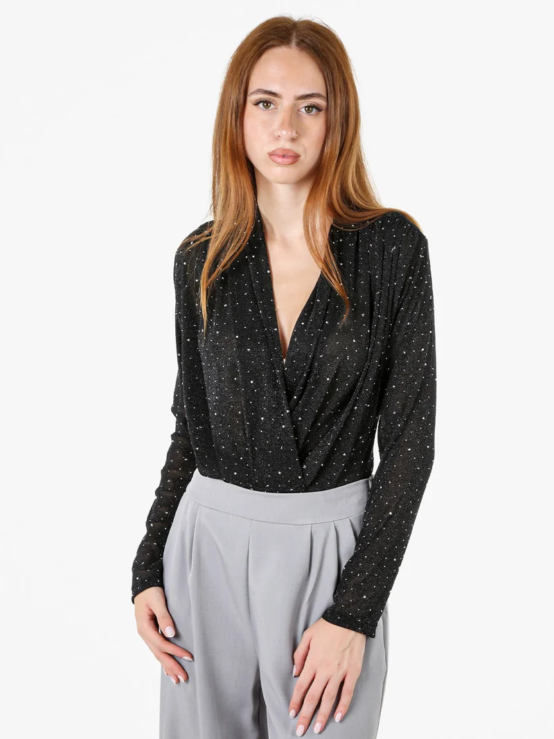 Top body da donna velato a maniche lunghe con micro borchie - nero