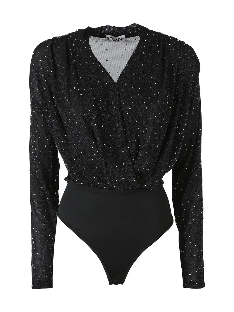 Top body da donna velato a maniche lunghe con micro borchie - nero