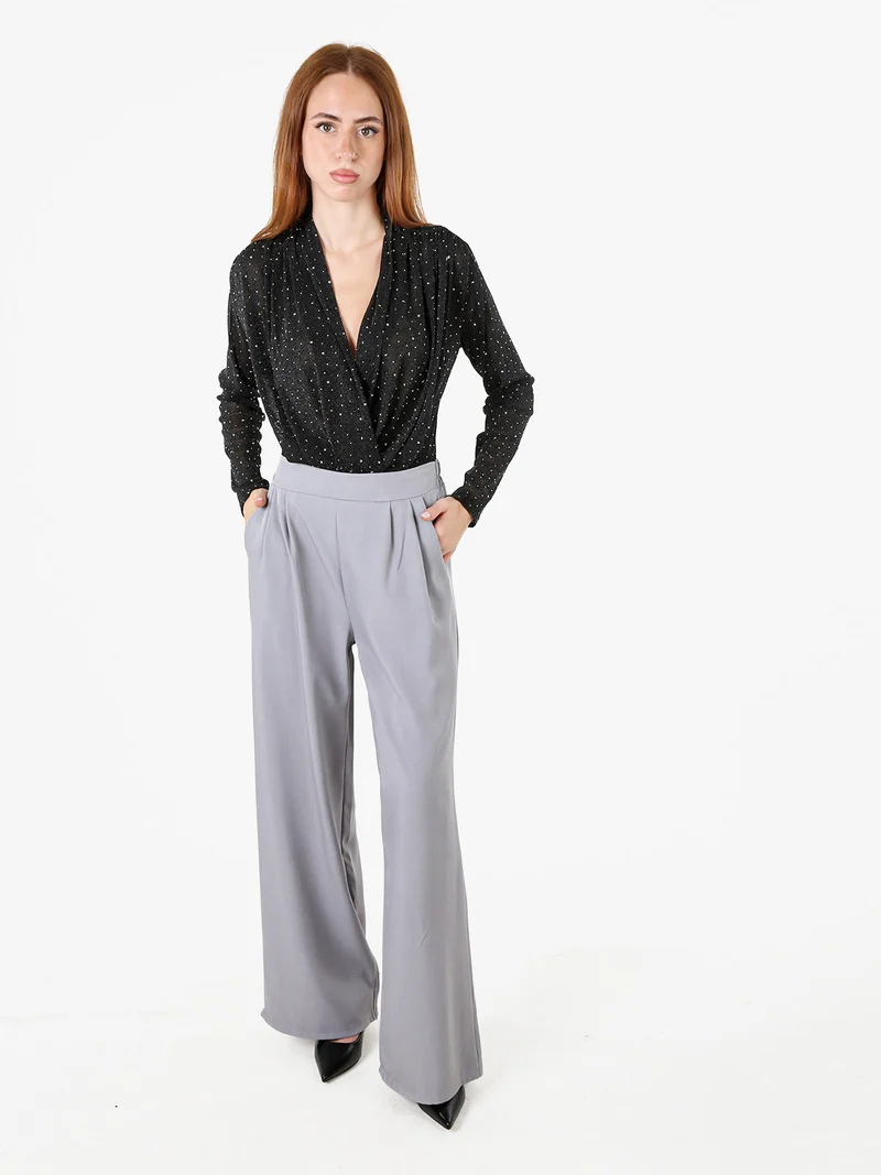 Top body da donna velato a maniche lunghe con micro borchie - nero