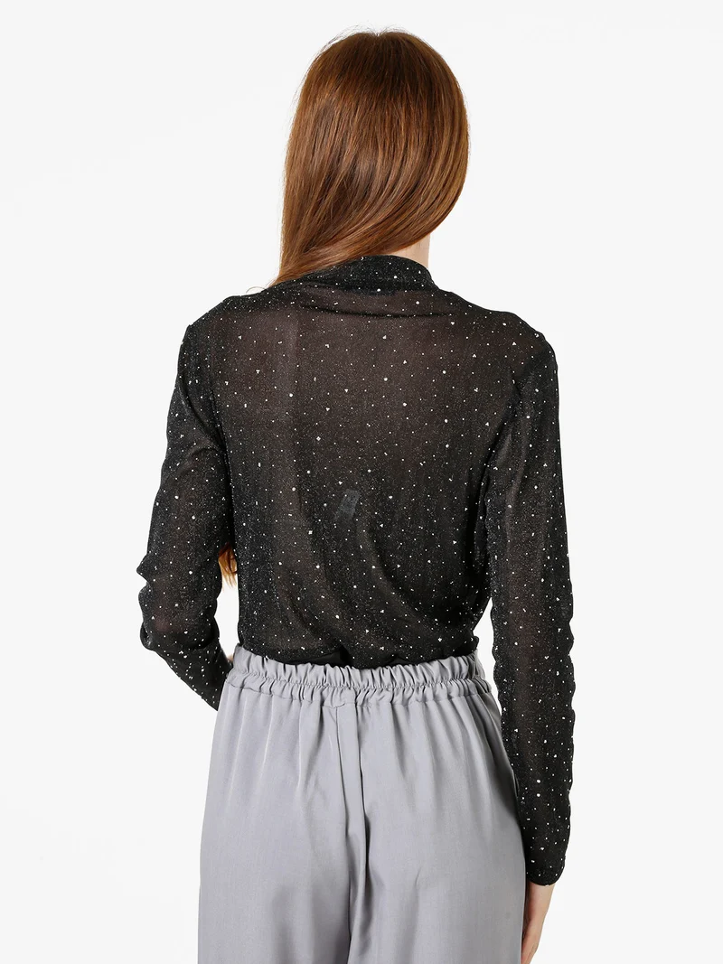 Top body da donna velato a maniche lunghe con micro borchie - nero
