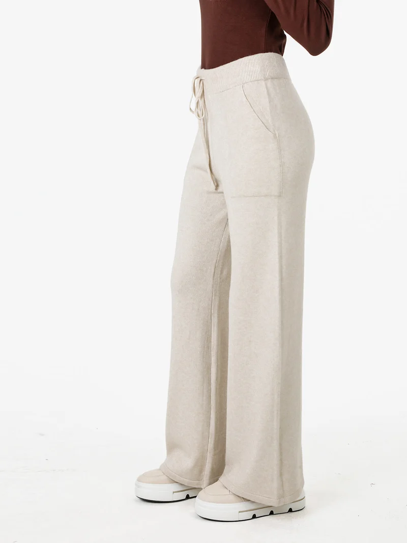 Pantaloni donna in maglia a gamba larga con coulisse - beige