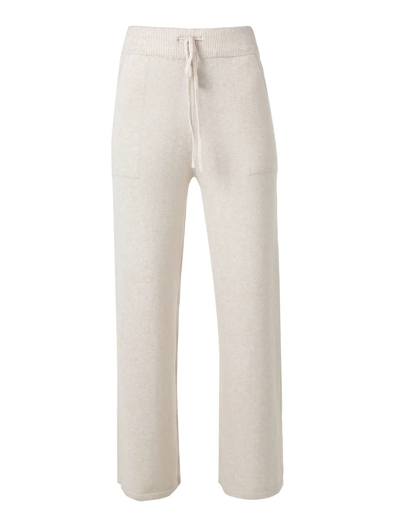 Pantaloni donna in maglia a gamba larga con coulisse - beige
