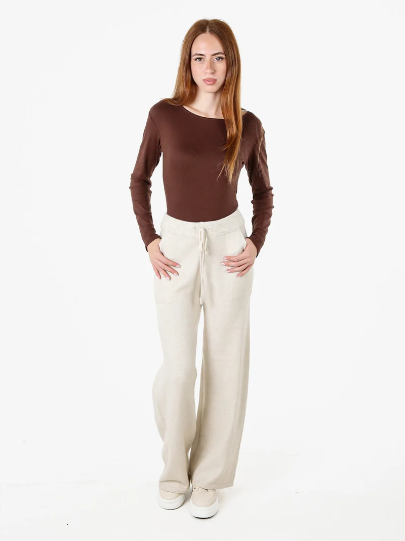 Pantaloni donna in maglia a gamba larga con coulisse - beige