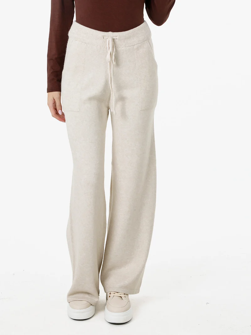 Pantaloni donna in maglia a gamba larga con coulisse - beige