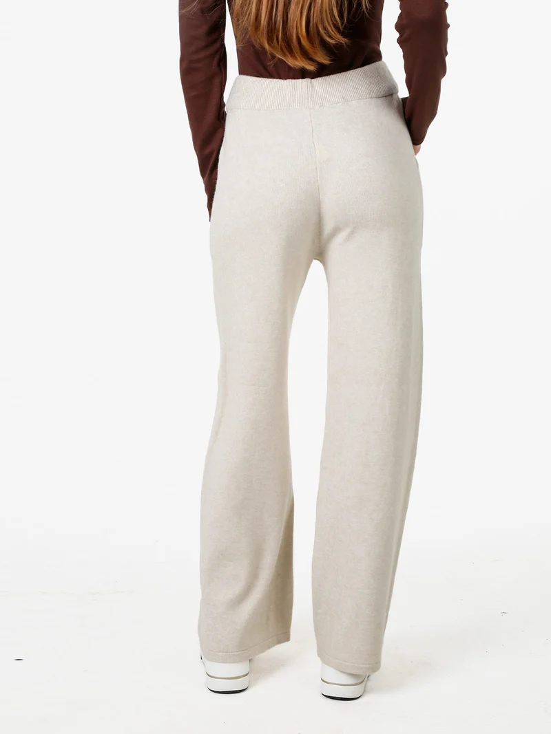Pantaloni donna in maglia a gamba larga con coulisse - beige
