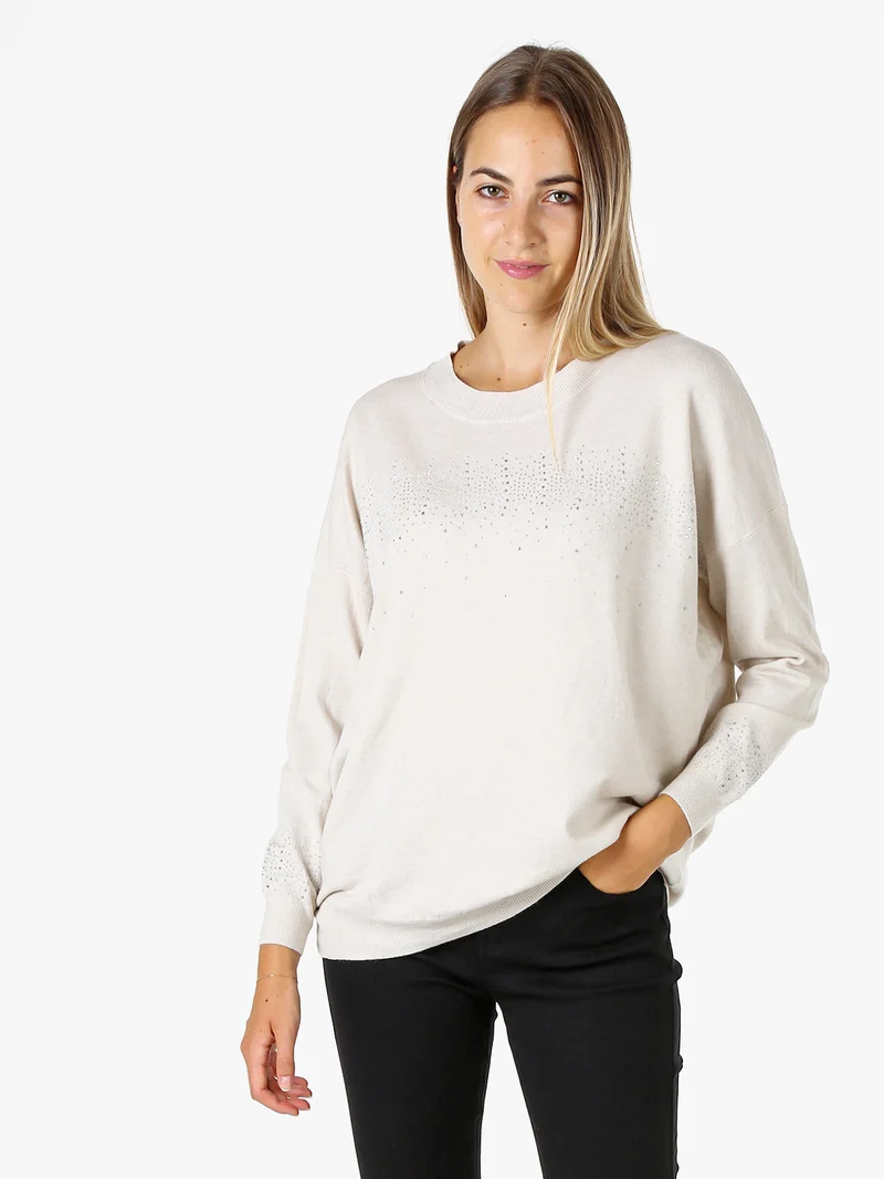 Pullover donna in maglia oversize con strass - beige