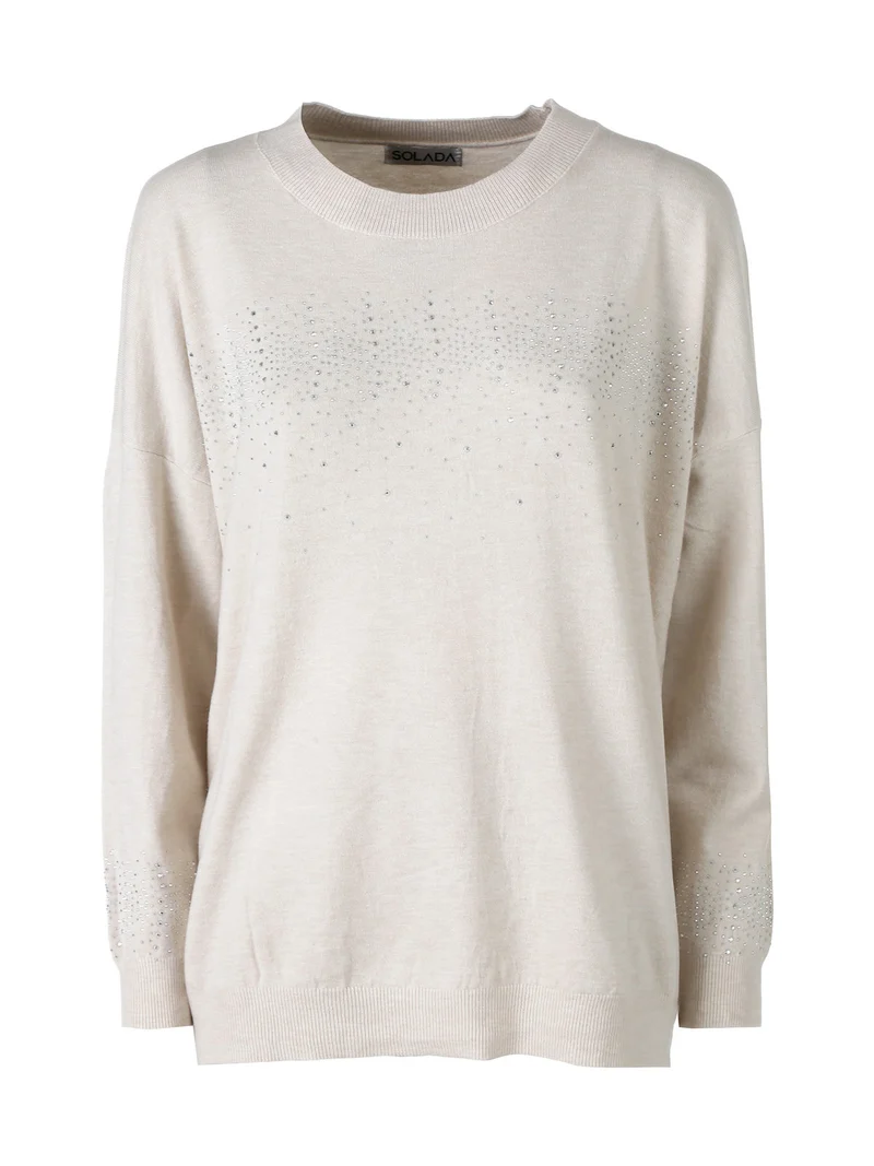 Pullover donna in maglia oversize con strass - beige