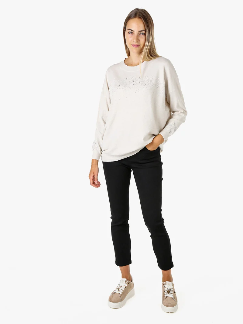 Pullover donna in maglia oversize con strass - beige