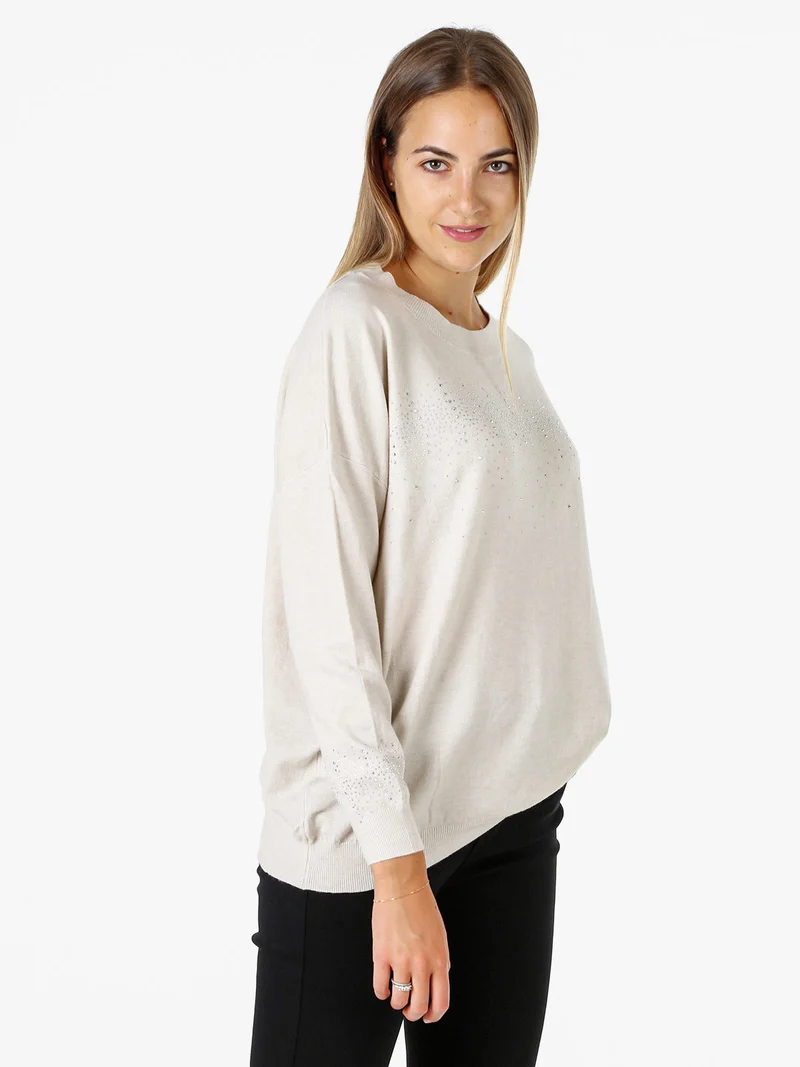 Pullover donna in maglia oversize con strass - beige