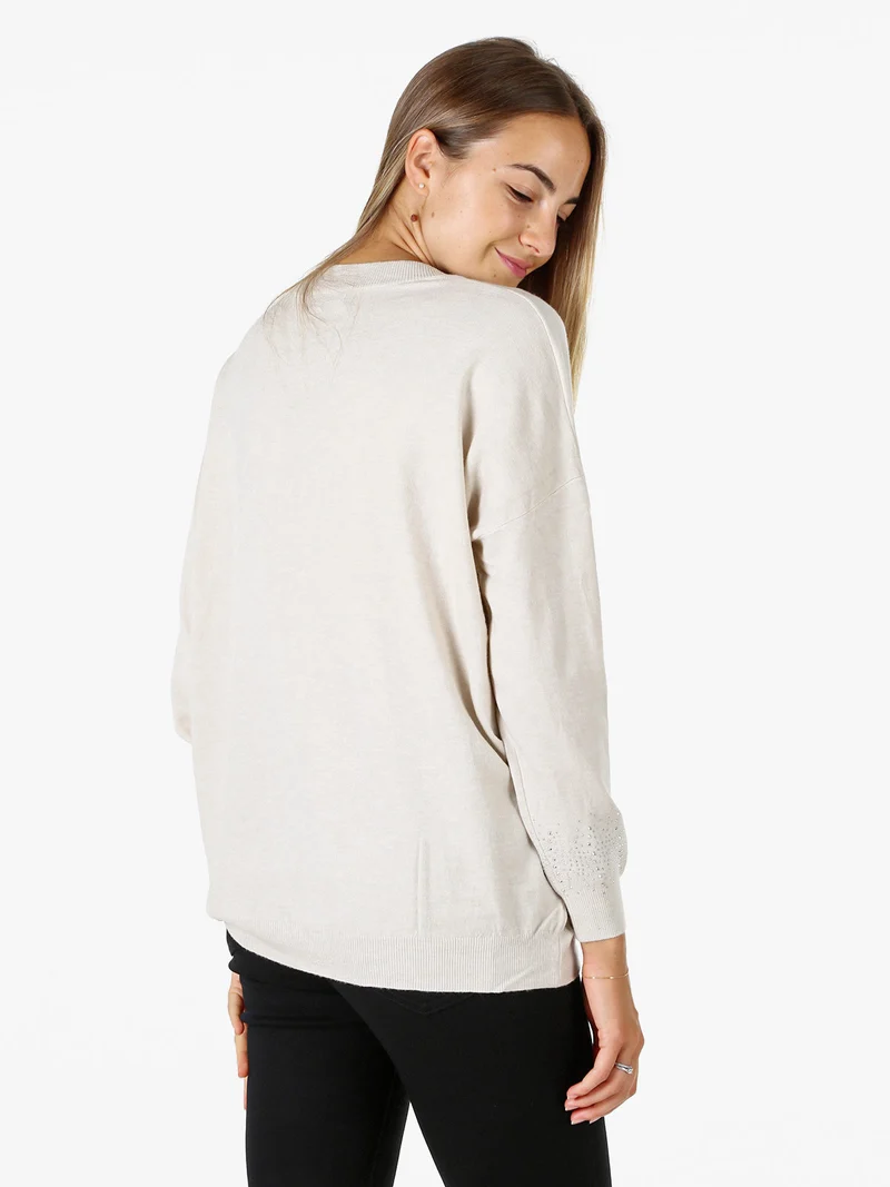 Pullover donna in maglia oversize con strass - beige