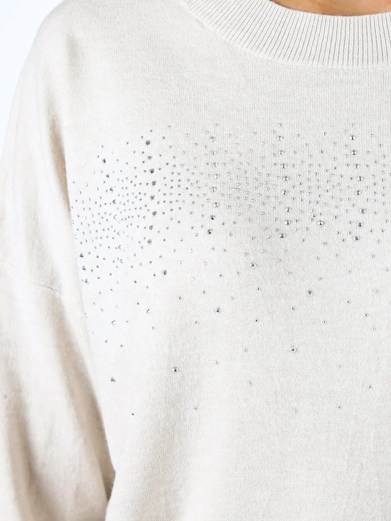 Pullover donna in maglia oversize con strass - beige