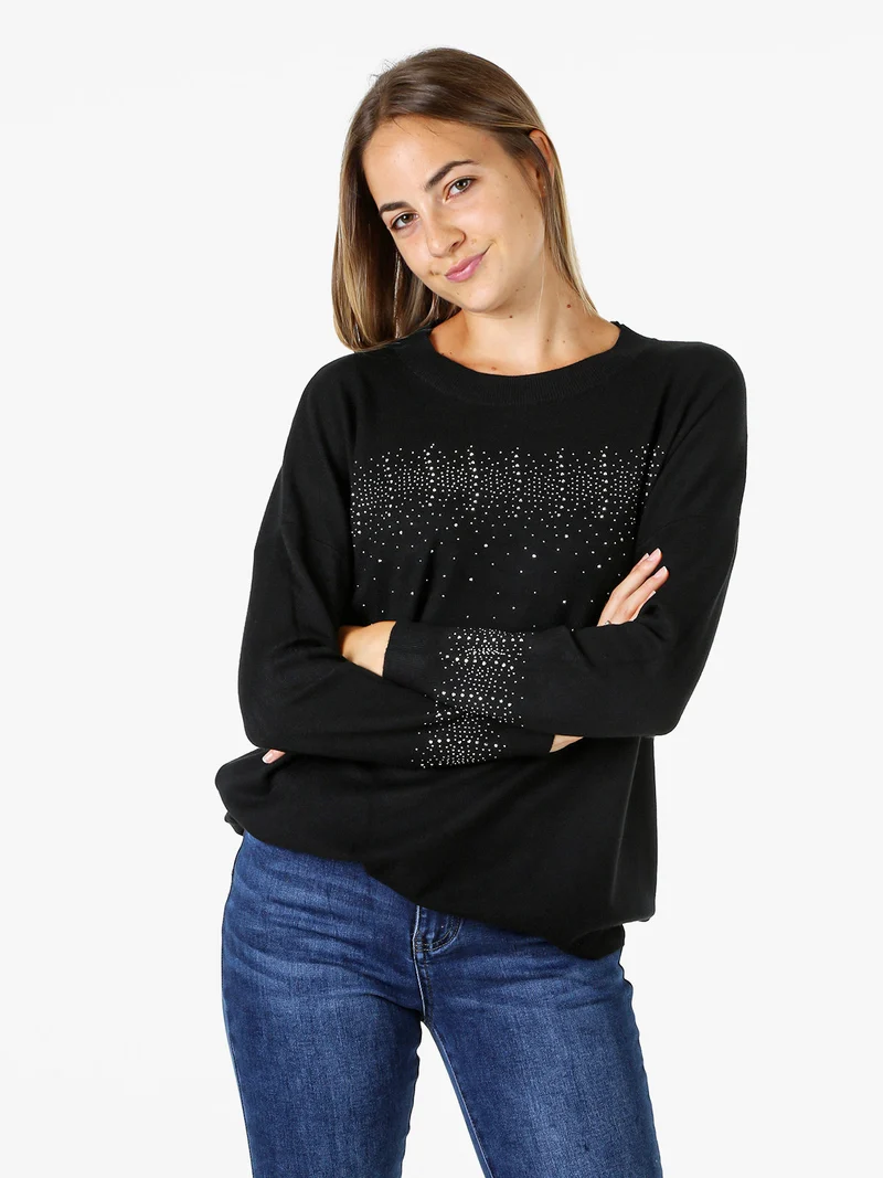 Pullover donna in maglia oversize con strass - nero