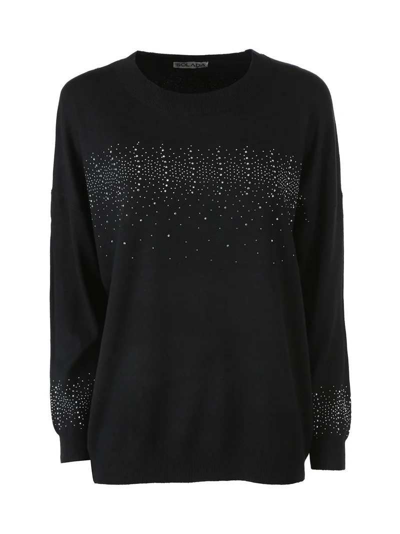 Pullover donna in maglia oversize con strass - nero