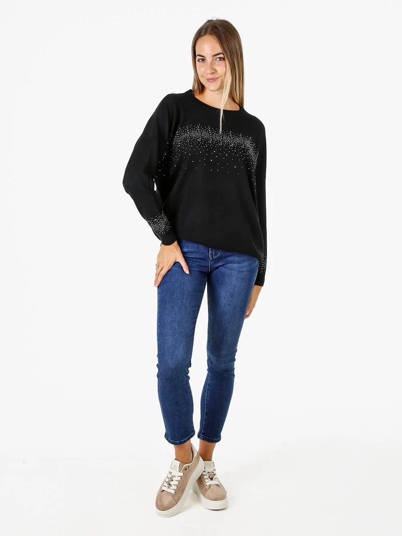 Pullover donna in maglia oversize con strass - nero