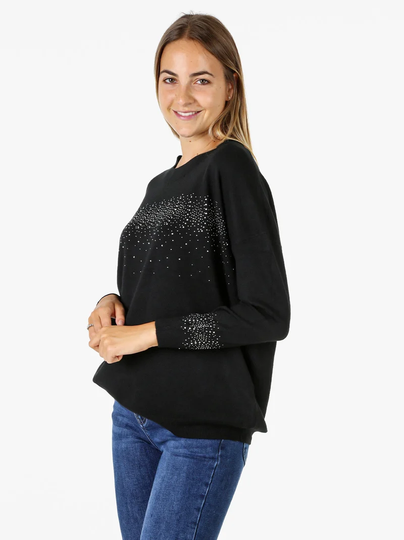 Pullover donna in maglia oversize con strass - nero