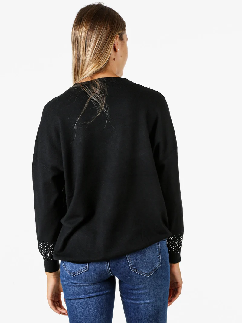 Pullover donna in maglia oversize con strass - nero