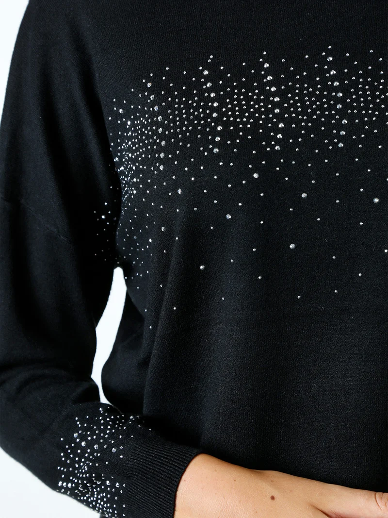 Pullover donna in maglia oversize con strass - nero