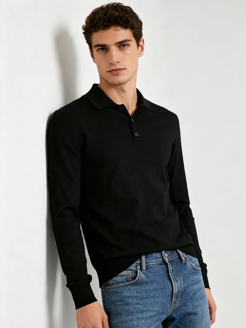Polo da uomo in maglia a maniche lunghe - nero