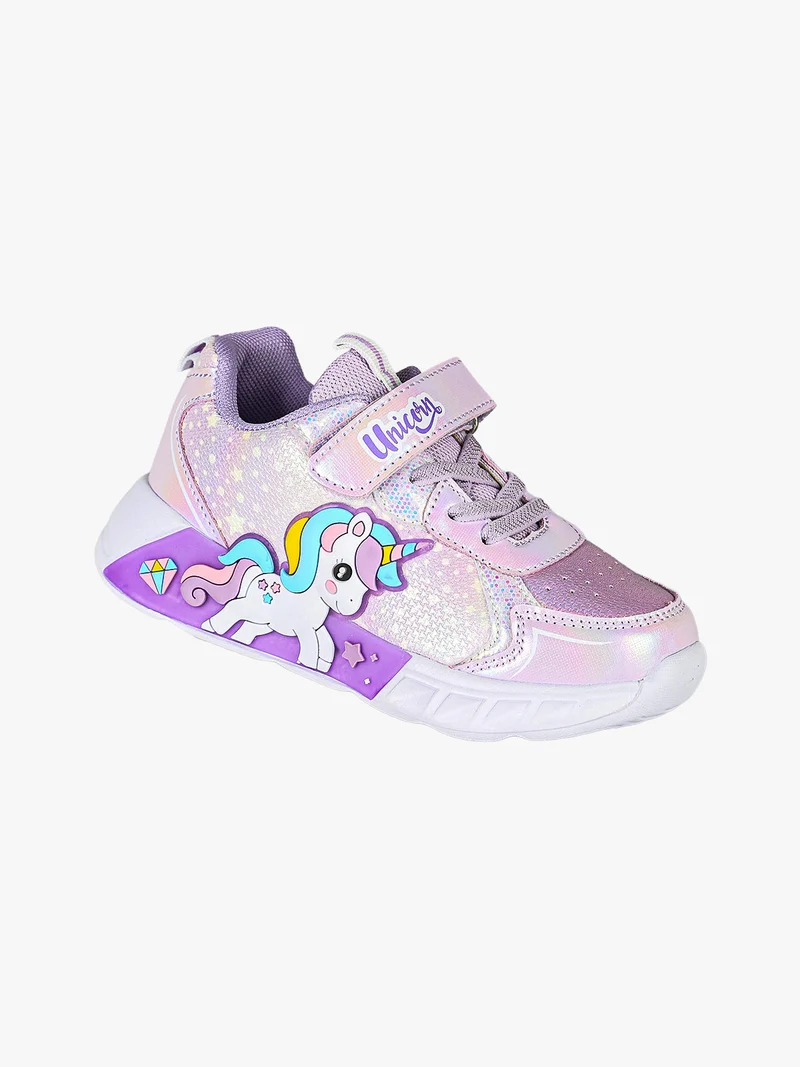Sneakers da bambina unicorno con luci e chiusura a strappo - lilla