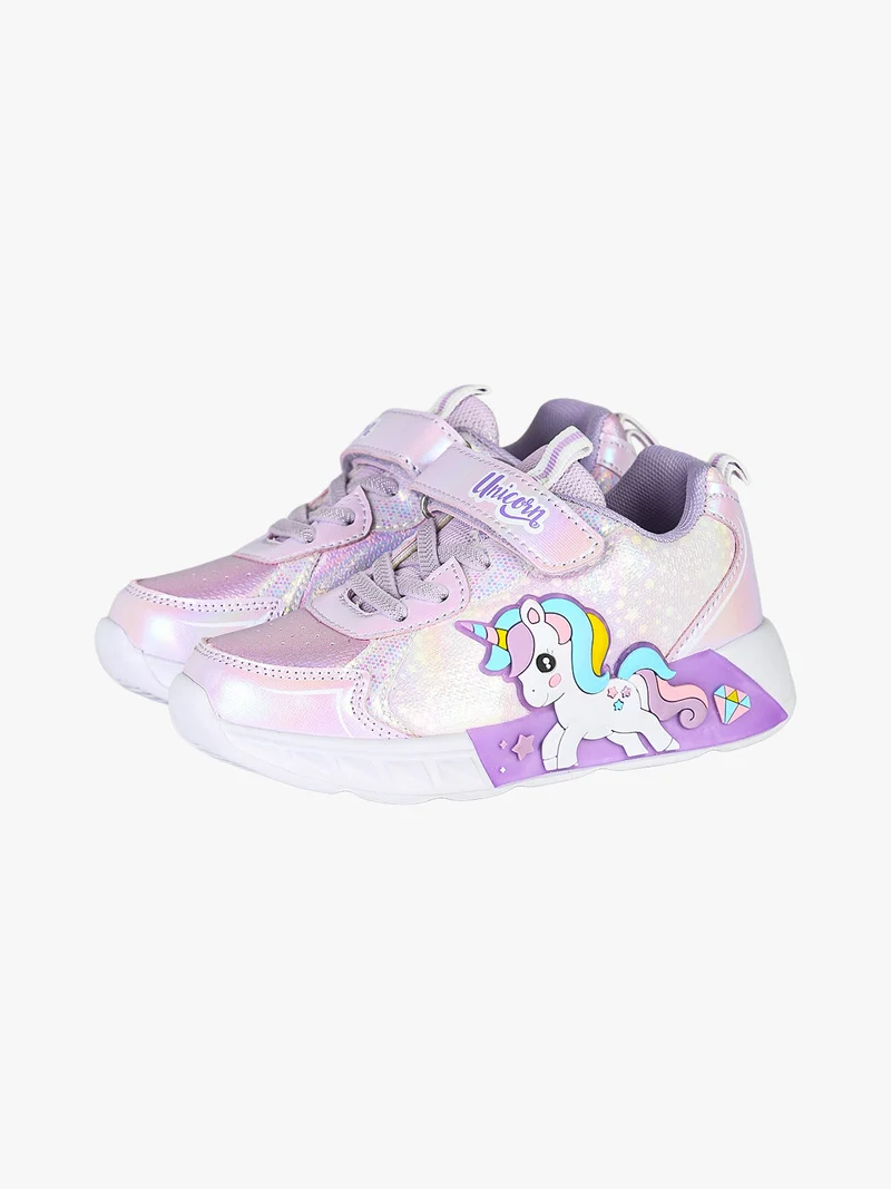 Sneakers da bambina unicorno con luci e chiusura a strappo - lilla
