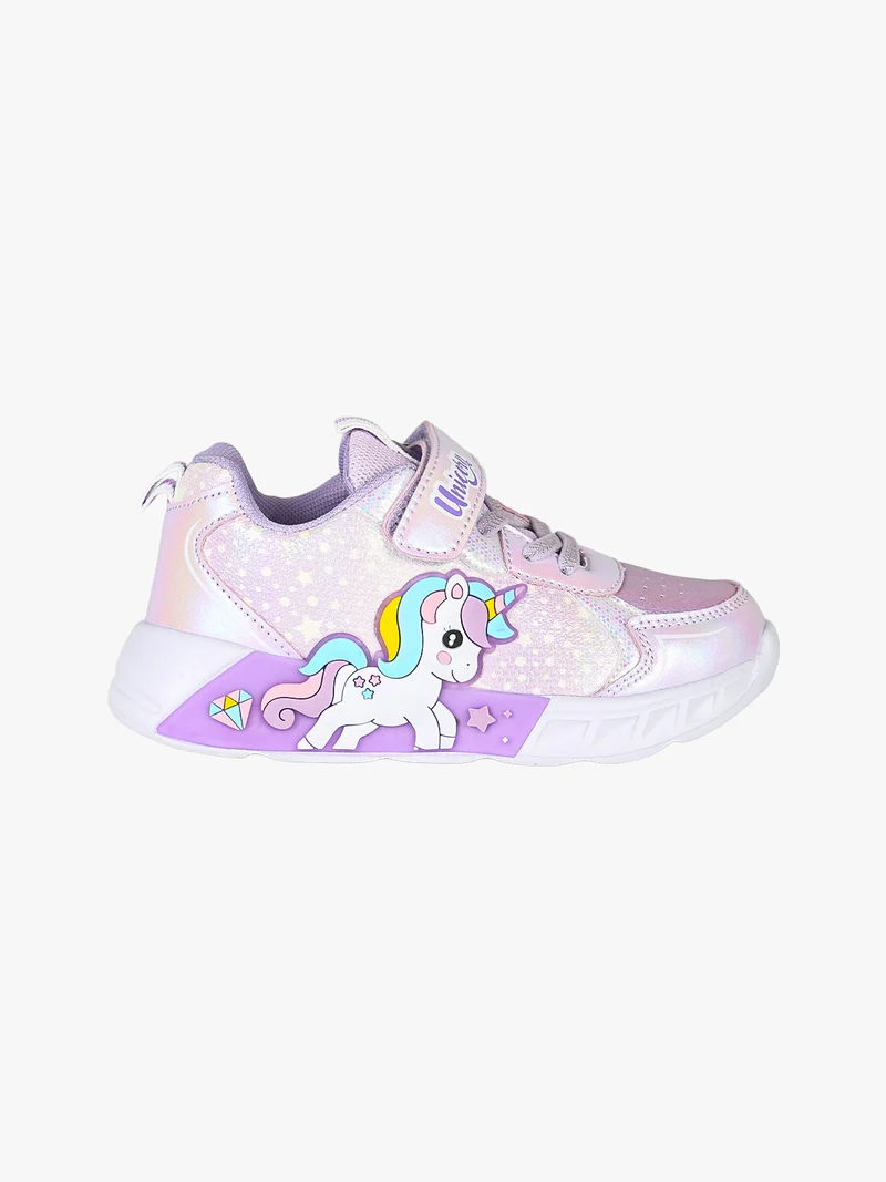 Sneakers da bambina unicorno con luci e chiusura a strappo - lilla