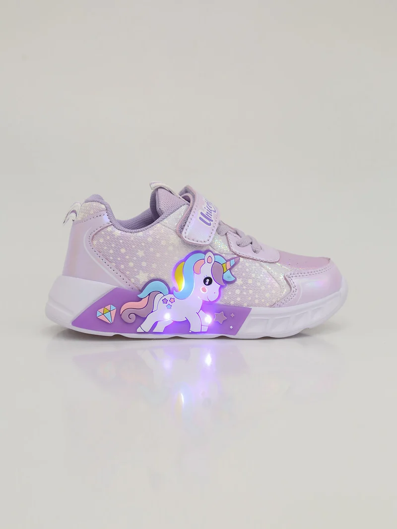 Sneakers da bambina unicorno con luci e chiusura a strappo - lilla