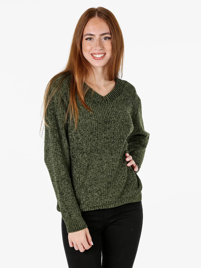 Maglione in ciniglia da donna con scollo a V - verde