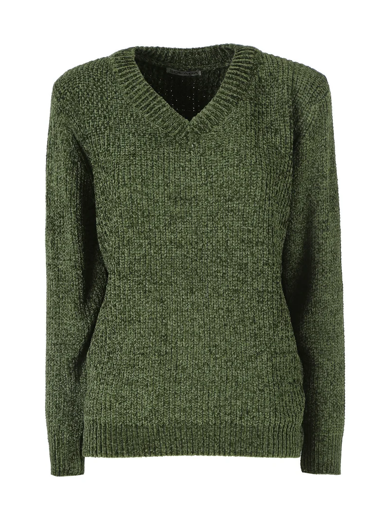 Maglione in ciniglia da donna con scollo a V - verde