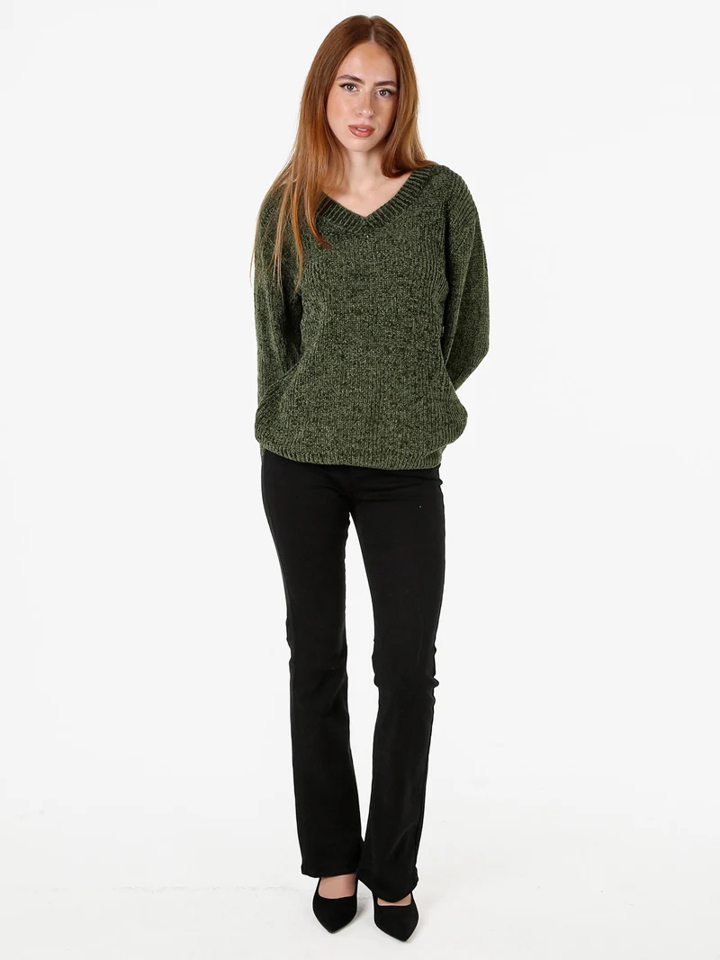 Maglione in ciniglia da donna con scollo a V - verde