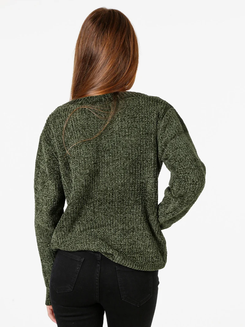 Maglione in ciniglia da donna con scollo a V - verde