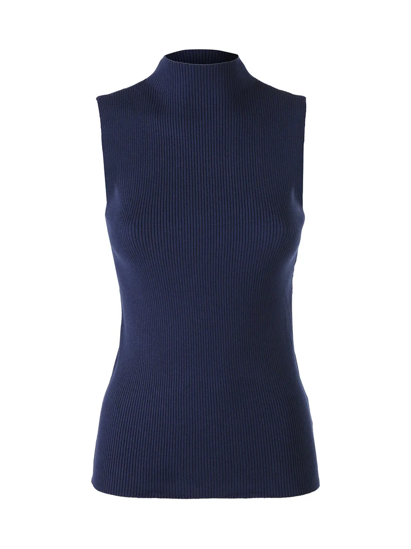 Maglia smanicata da donna con scollo a lupetto - blu scuro