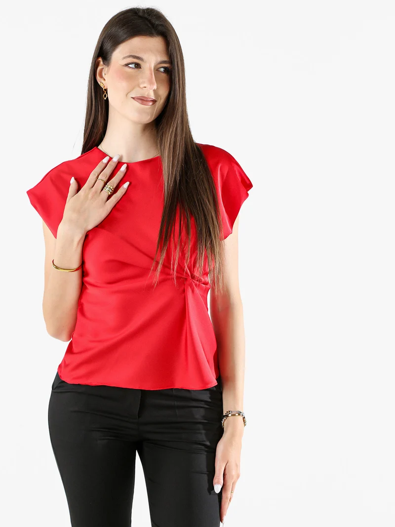 Blusa donna a maniche corte in tessuto effetto raso - rosso