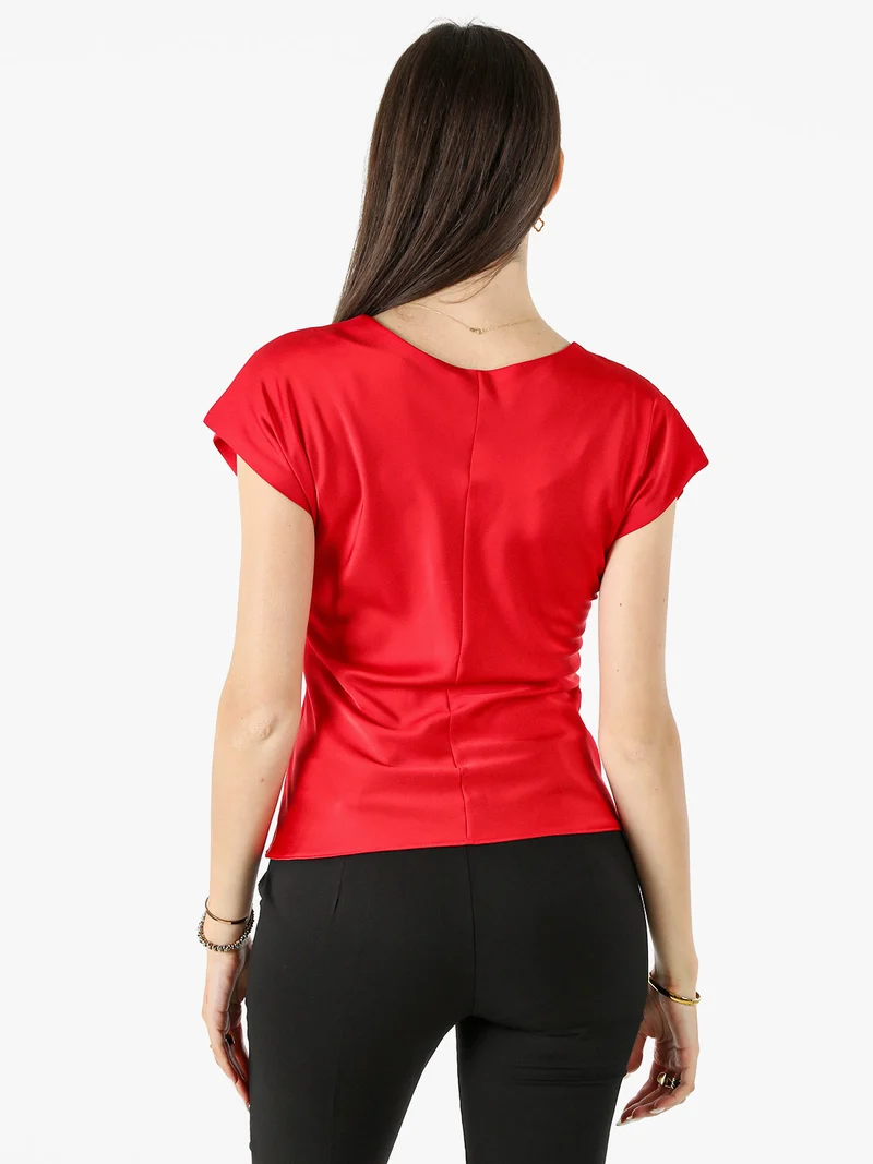 Blusa donna a maniche corte in tessuto effetto raso - rosso