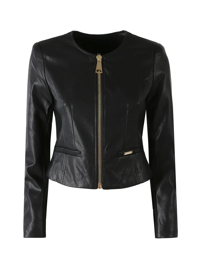Giacca corta da donna in ecopelle con zip - nero