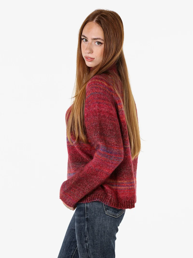 Maglione donna multicolore con collo a lupetto - bordeaux