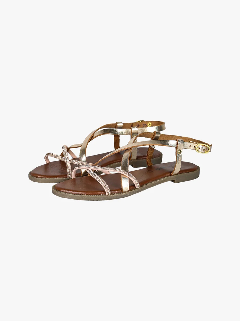 Sandali donna in pelle con cinturino e strass - oro