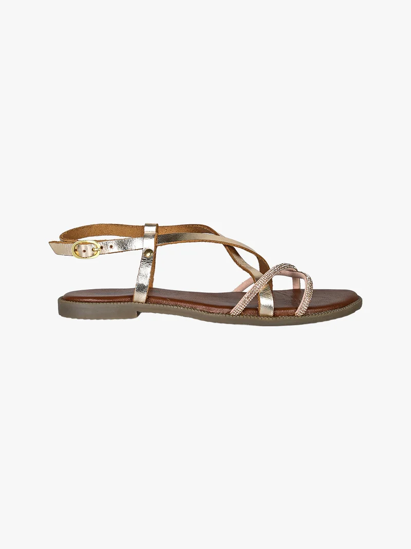 Sandali donna in pelle con cinturino e strass - oro