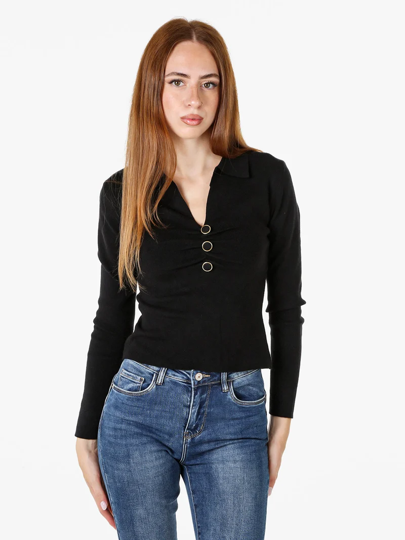 Maglia donna con scollo a V e colletto - nero