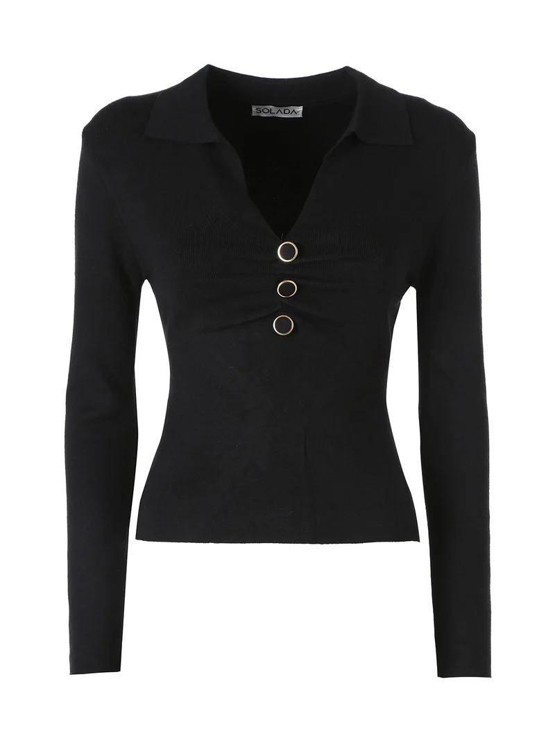 Maglia donna con scollo a V e colletto - nero