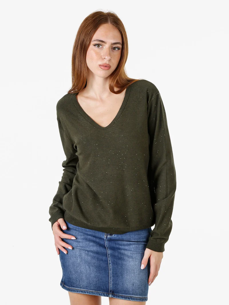Maglia donna con scollo a V e dettagli di mini paillettes - militare