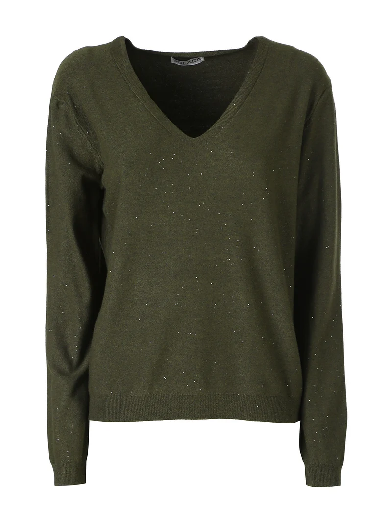 Maglia donna con scollo a V e dettagli di mini paillettes - militare