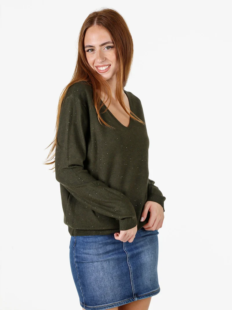 Maglia donna con scollo a V e dettagli di mini paillettes - militare