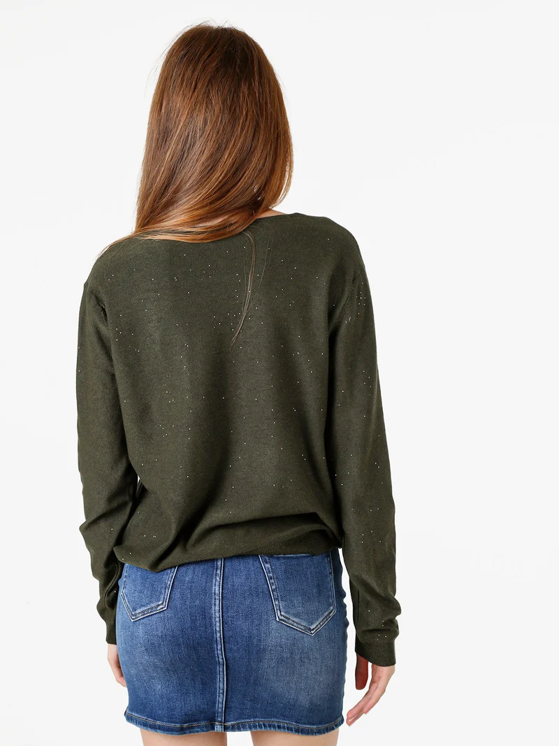 Maglia donna con scollo a V e dettagli di mini paillettes - militare