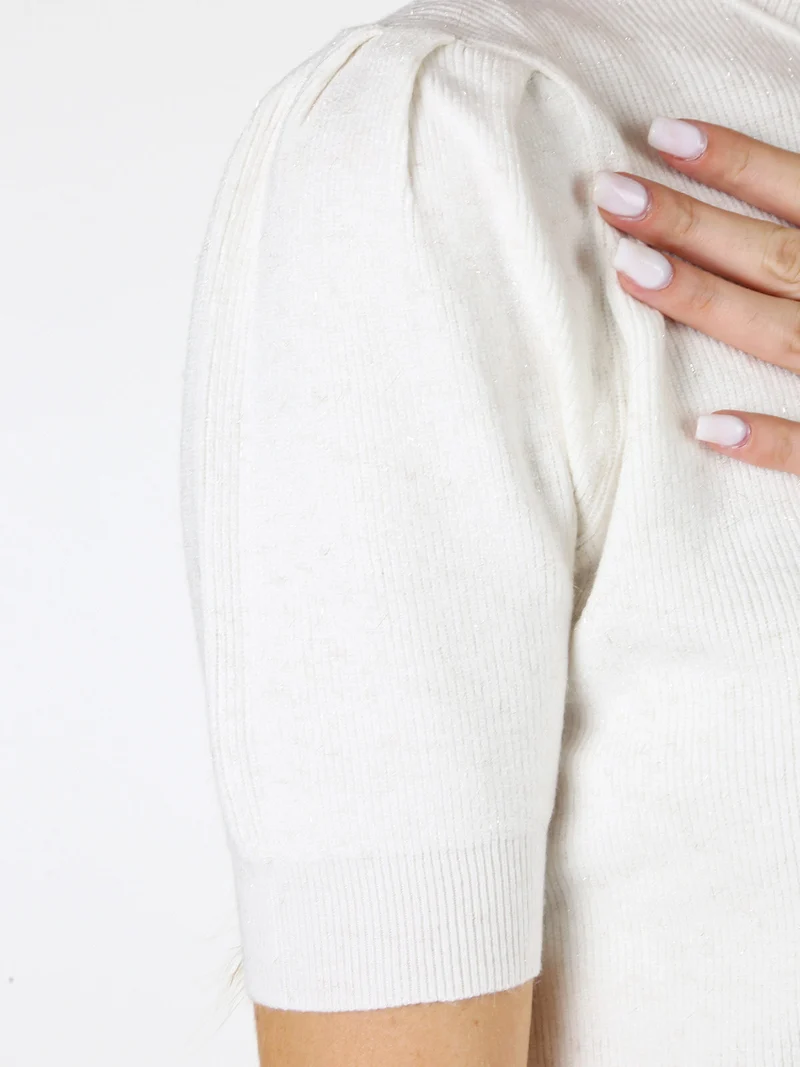 Maglia donna in lurex con maniche corte a sbuffo - bianco