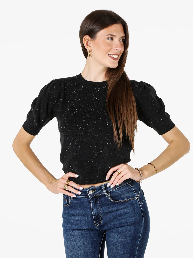 Maglia donna in lurex con maniche corte a sbuffo - nero